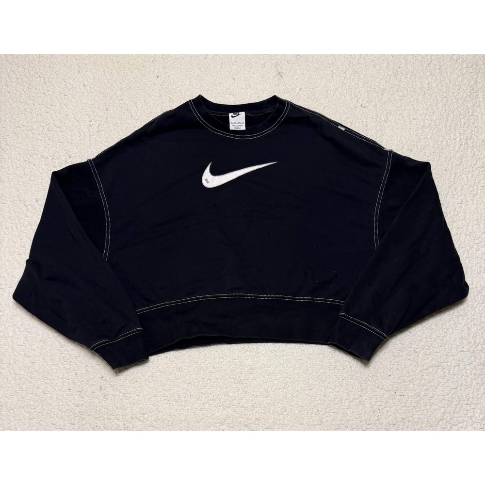 Nike Womens Sweatshirt Pullover XS Black Cropped Fleece Swoosh CU6554-010